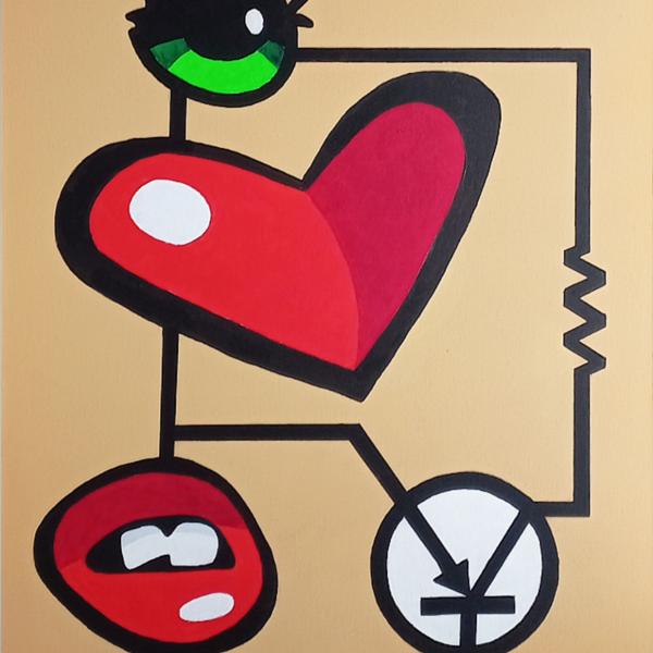 Acrylic painting of transistor amplifier circuit with eye, heart and mouth components