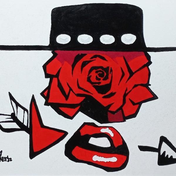 Acrylic painting of arrow, heart, lips, rose and bolero hat
