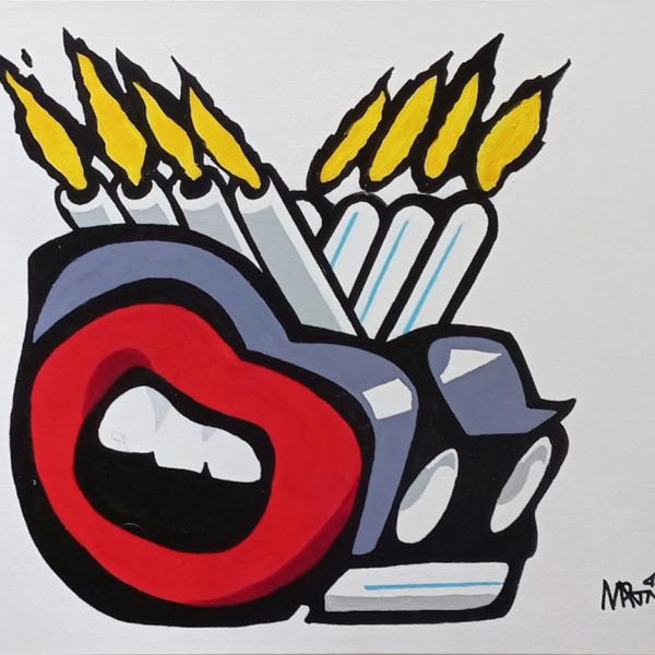 Painting of car with mouth for wheel and 8 flaming exhaust pipes