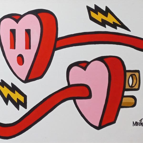Painting of two electrical plugs shaped like hearts passing each other
