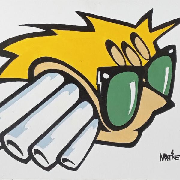 Painting of a head with sunglasses and exhaust pipes coming out of mouth
