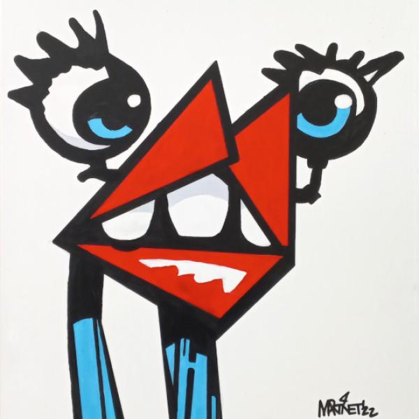 Painting of large red lips and teeth and two blues eyes standing on blue legs