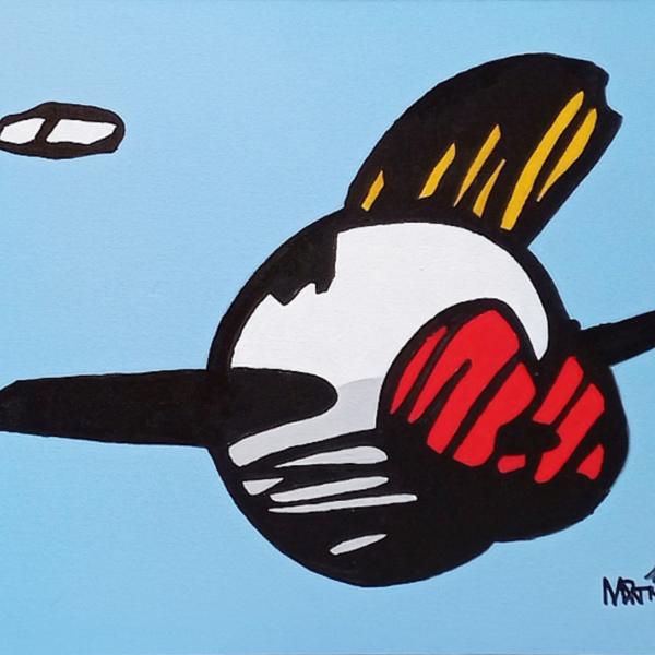 Acrylic painting by Mike Martinet of a flying white ball with red lips and mohawk hair