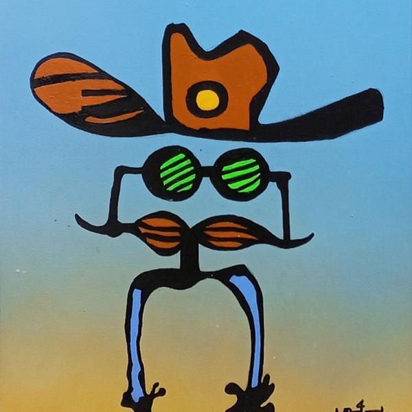 Acrylic painting by Mike Martinet of a moustache under a pair of sunglasses with a cowboy hat and a pair of spurs for legs