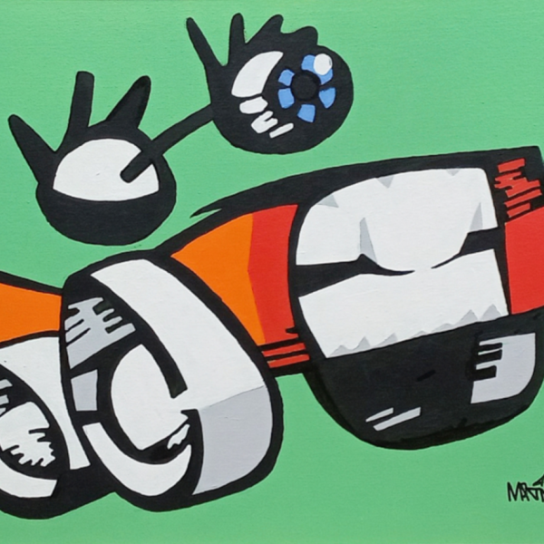 Acrylic painting by Mike Martinet of two eyeballs over a car with a red-lipped mouth