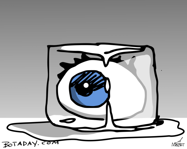 A drawing of an eyeball in an ice cube