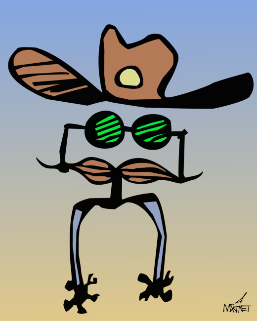 Vector graphic image by Mike Martinet of a cowboy hat floating over two green lenses attached to a moustache, all mounted on a couple of spurs