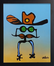 Acrylic painting by Mike Martinet of a moustache under a pair of sunglasses with a cowboy hat and a pair of spurs for legs in a black frame