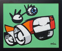 Acrylic painting by Mike Martinet of two eyeballs over a car with a red-lipped mouth in black frame