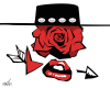 Vector graphic image by Mike Martinet of a rose bloom wearing a gaucho hat over an arrow bisected by a heart and some lips