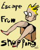 Vector graphic image by Mike Martinet of a head floating above legs coming out of a paper bag with the words "Escape From Shopping"