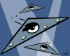 Vector graphic image by Mike Martinet of flying saucers each with a single eye