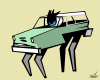 Vector graphic image by Mike Martinet of an eye driving  a station-wagon with legs 