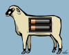 Vector graphic image by Mike Martinet of  sheep with AA batteries in an opening in its side and Boston Dynamics robot feet.
