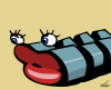 Vector graphic image by Mike Martinet of a mechanical caterpillar with red lips and two eyeballs