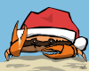 Vector graphic image by Mike Martinet of a crab on a beach wearing a Santa hat with sand falling from its claw