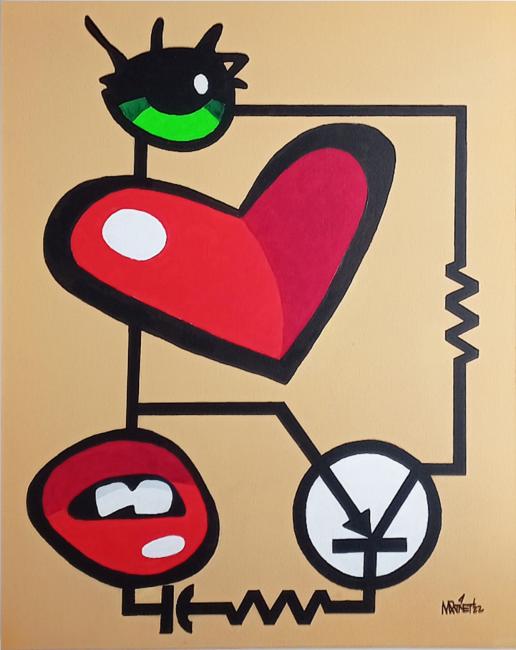 Acrylic painting of transistor amplifier circuit with eye, heart and mouth components