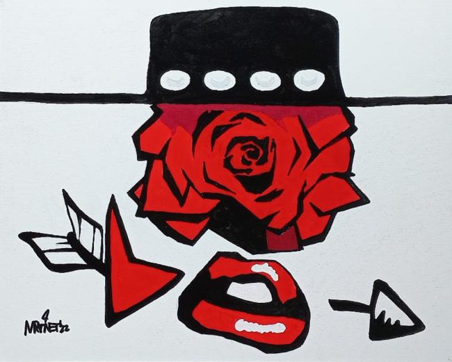 Acrylic painting of arrow, heart, lips, rose and bolero hat