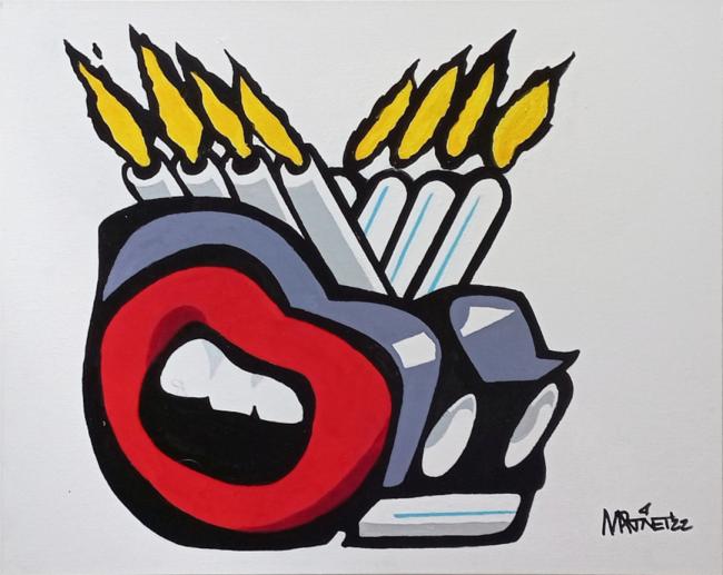 Painting of car with mouth for wheel and 8 flaming exhaust pipes