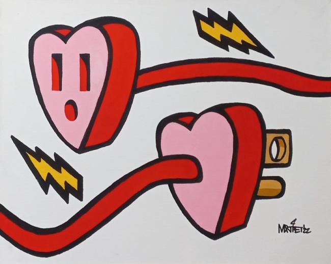 Painting of two electrical plugs shaped like hearts passing each other