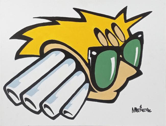 Painting of a head with sunglasses and exhaust pipes coming out of mouth