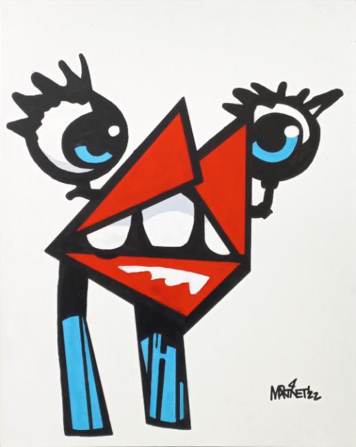 Painting of large red lips and teeth and two blues eyes standing on blue legs