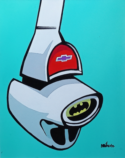 Acrylic painting by Mike Martinet of a 1957 Chevrolet tail light witha Batman symbol in the backup light