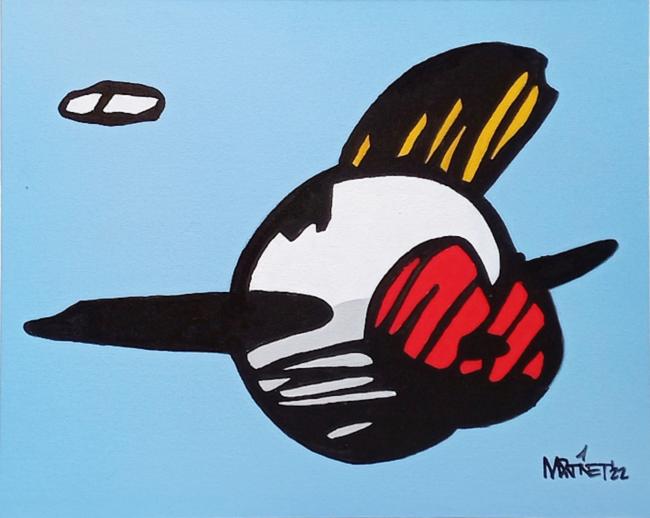 Acrylic painting by Mike Martinet of a flying white ball with red lips and mohawk hair