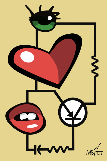 Vector graphic image by Mike Martinet of an eye, heart and lips in an electronic schematic with an NPN transistor