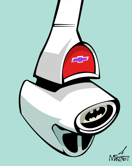 Vector graphic image by Mike Martinet of a 1957 Chevrolet sedan tail light with a Batman symbol where the backup-light would be.