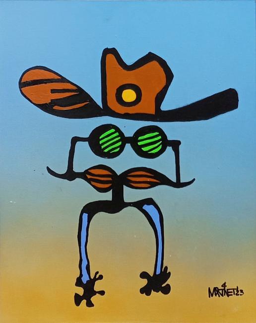 Acrylic painting by Mike Martinet of a moustache under a pair of sunglasses with a cowboy hat and a pair of spurs for legs