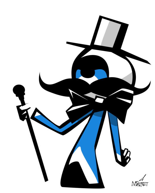 Vector graphic image by Mike Martinet of an eyeball with a large black moustache wearing a top hat and holding a cane