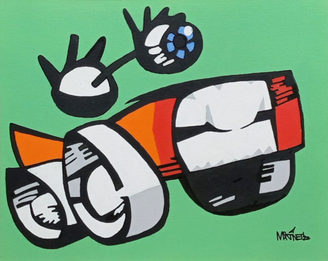 Acrylic painting by Mike Martinet of two eyeballs over a car with a red-lipped mouth