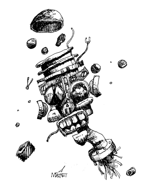 Vector graphic image by Mike Martinet of an exploding robot head.