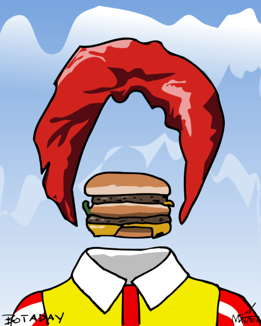 Vector graphic image by Mike Martinet of Ronald McDonald with face removed and replaced by hamburger in the style of René Magritte's "The Fifth Season"