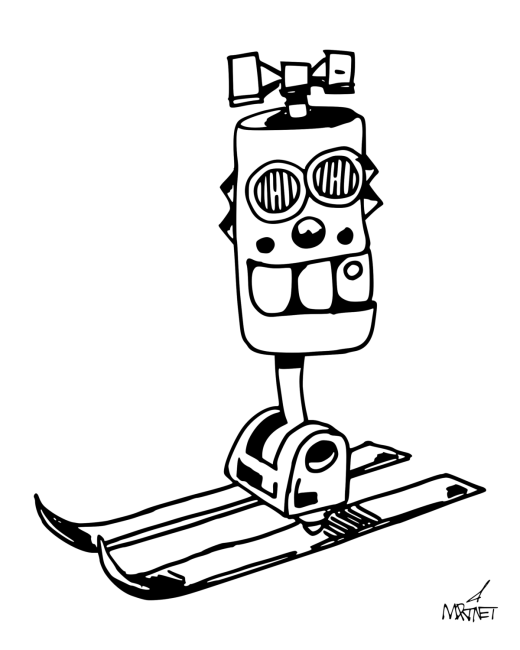 Vector graphic image of pen-and-ink drawing by Mike Martinet of a robot head on skis