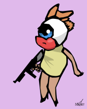 Vector graphic image by Mike Martinet of an eyeball with red lips and orange hair in a miniskirt holding a machine gun 